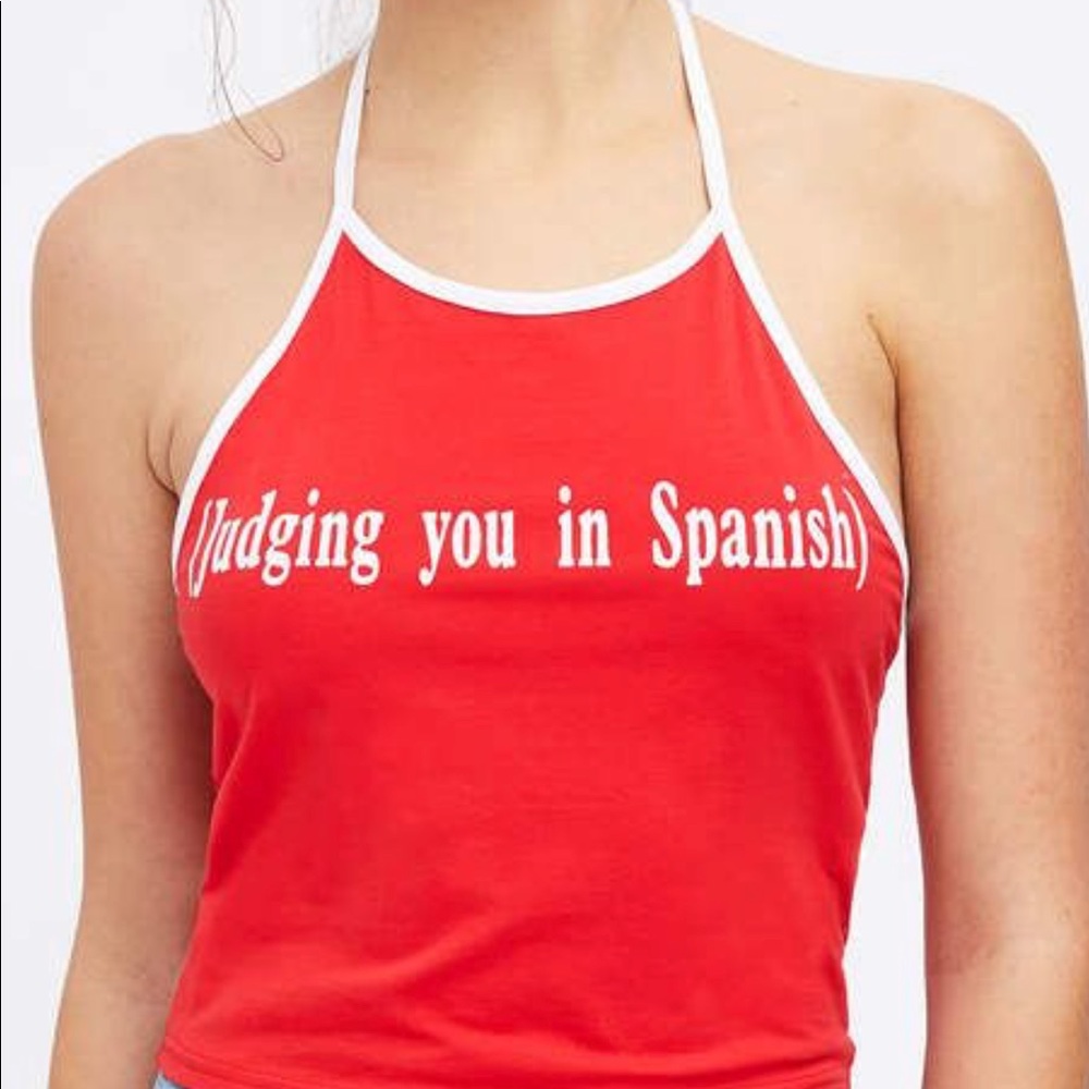 (Judges you in Spanish) red halter top NEW